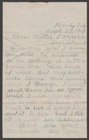 [Letter from Sarah Edith Oldham to Mittie Pound Sorrell, September 25, 1918]