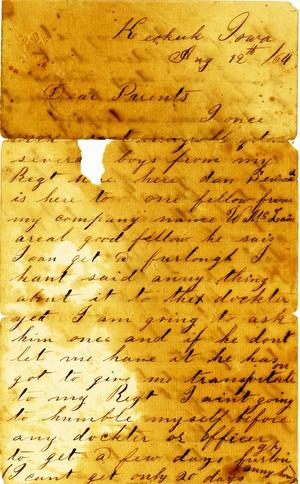 Primary view of [Letter from Vanburen W. Sargent to Mr. and Mrs. Sargent, August 12, 1864]