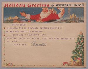 Primary view of [Telegram from Charlotte Chancellor to D. W. and Jeane Kempner, December 23, 1952]