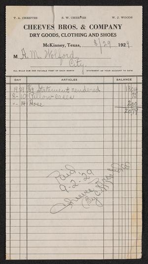 [Invoice for Cheeves Bros. & Company, August 8, 1929]