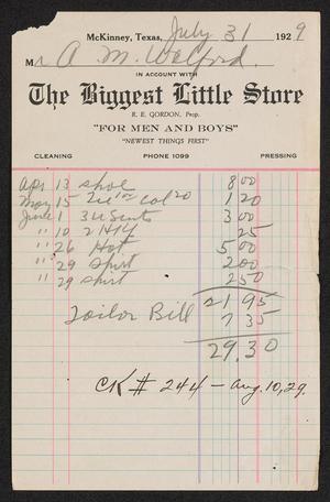 [Invoice for The Biggest Little Store, July 31, 1929]