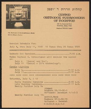 Primary view of United Orthodox Synagogues of Houston, Service Schedule: July 4 - 11, 1969