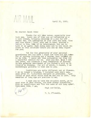 [Letter from T. N. Carswell to Sarah Anna Simmons Crane - April 21, 1960]