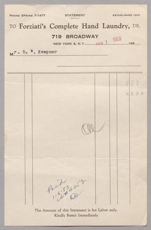 Primary view of [Account Statement for Forziati's New Shirt Laundry, January 1, 1953]