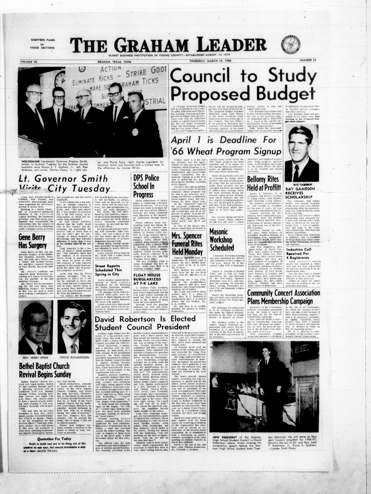 The Graham Leader (Graham, Tex.), Vol. 90, No. 33, Ed. 1 Thursday, March 24, 1966
                                                
                                                    [Sequence #]: 1 of 14
                                                