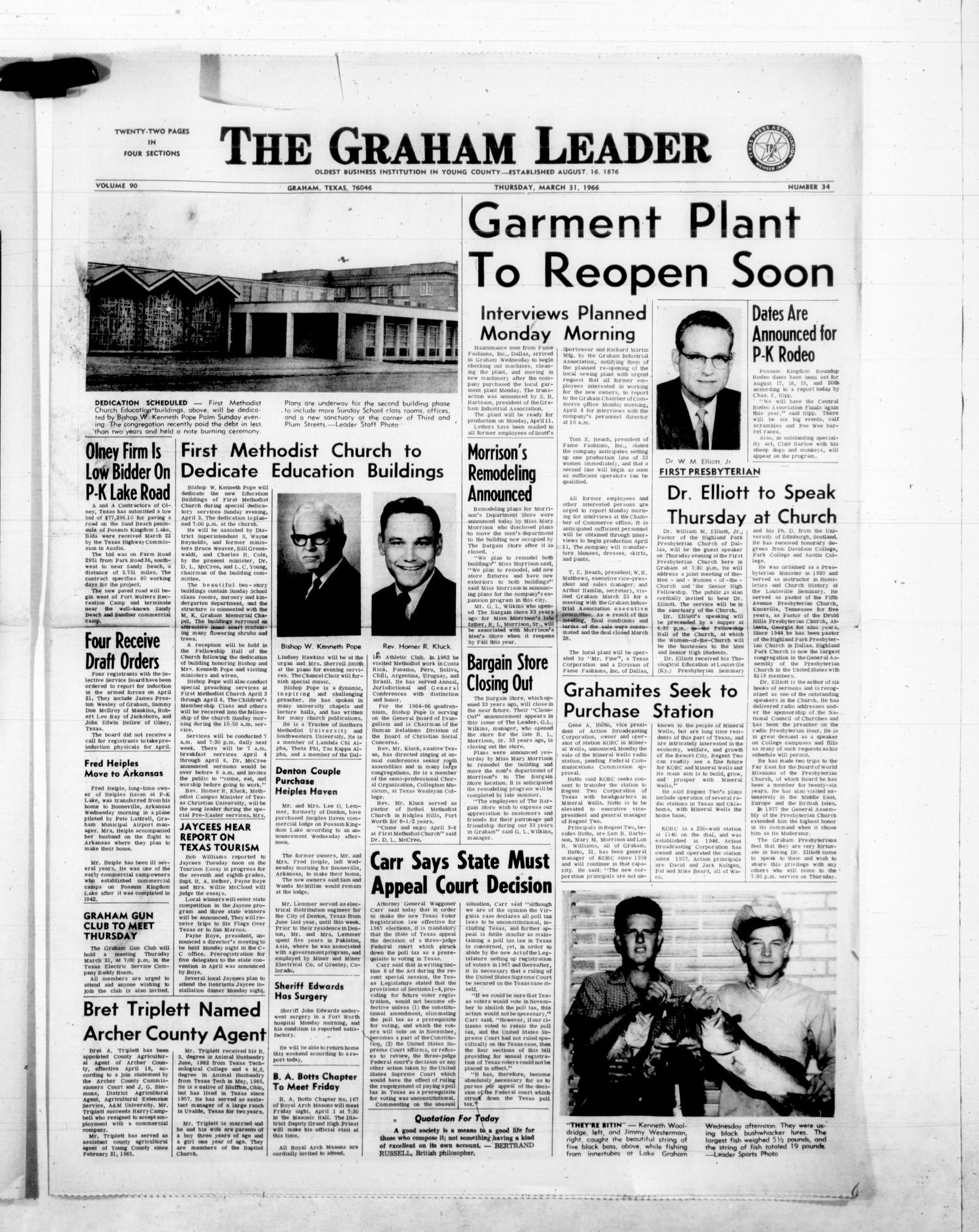 The Graham Leader (Graham, Tex.), Vol. 90, No. 34, Ed. 1 Thursday, March 31, 1966
                                                
                                                    [Sequence #]: 1 of 22
                                                