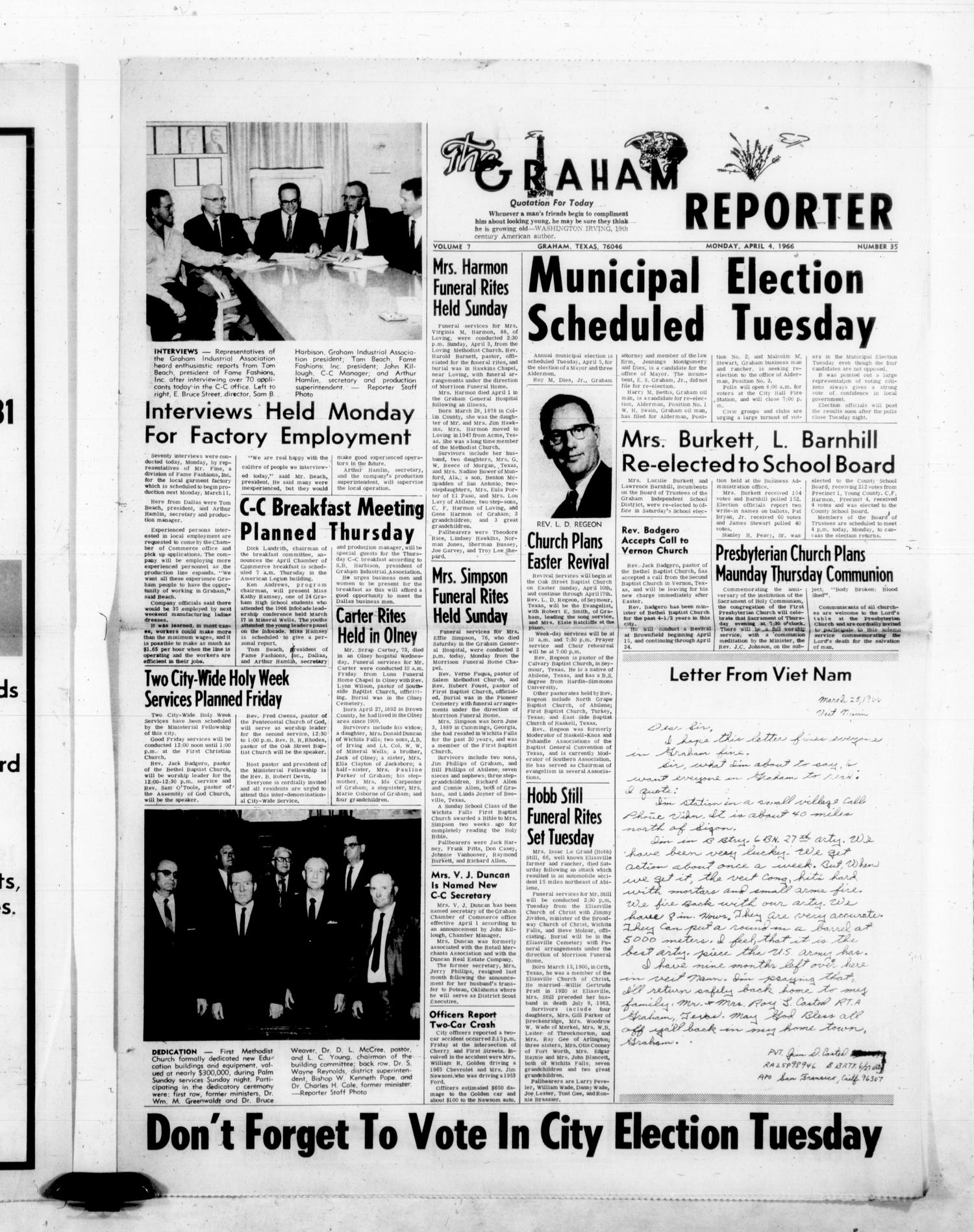 The Graham Reporter (Graham, Tex.), Vol. 7, No. 35, Ed. 1 Monday, April 4, 1966
                                                
                                                    [Sequence #]: 1 of 8
                                                
