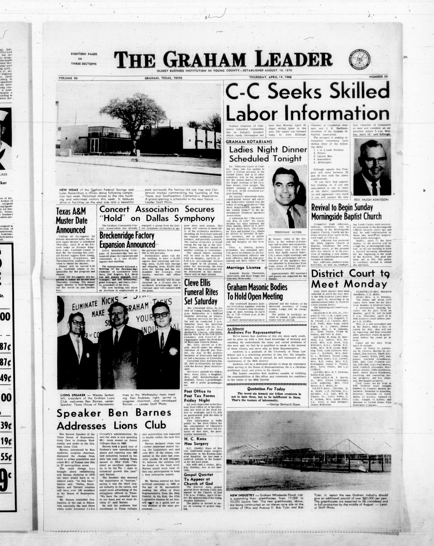 The Graham Leader (Graham, Tex.), Vol. 90, No. 36, Ed. 1 Thursday, April 14, 1966
                                                
                                                    [Sequence #]: 1 of 18
                                                