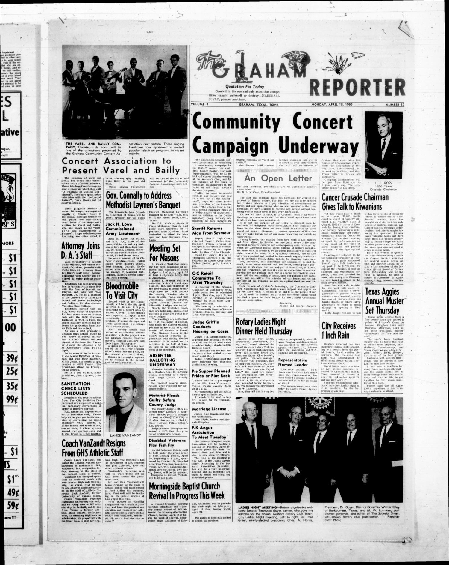 The Graham Reporter (Graham, Tex.), Vol. 7, No. 37, Ed. 1 Monday, April 18, 1966
                                                
                                                    [Sequence #]: 1 of 8
                                                