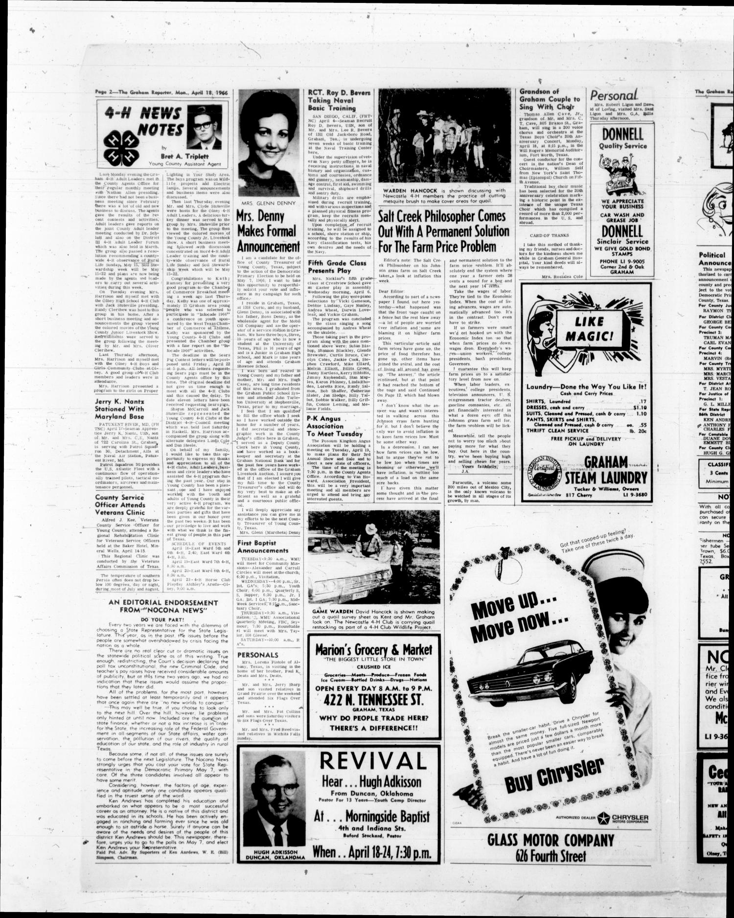 The Graham Reporter (Graham, Tex.), Vol. 7, No. 37, Ed. 1 Monday, April 18, 1966
                                                
                                                    [Sequence #]: 4 of 8
                                                
