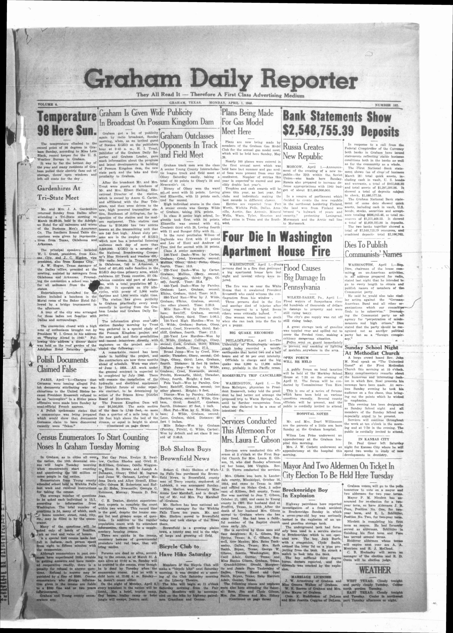Graham Daily Reporter (Graham, Tex.), Vol. 6, No. 182, Ed. 1 Monday, April 1, 1940
                                                
                                                    [Sequence #]: 1 of 4
                                                