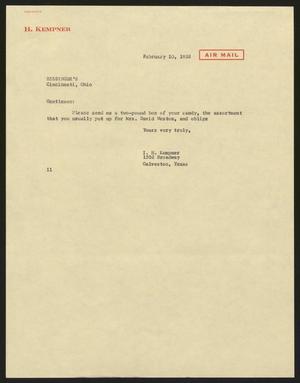 Primary view of [Letter from Isaac H. Kempner to Bissinger's, February 10, 1958]