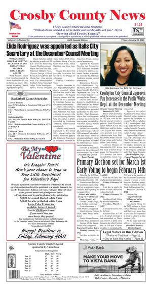 Primary view of Crosby County News (Ralls, Tex.), Vol. 135, No. 04, Ed. 1 Friday, January 28, 2022