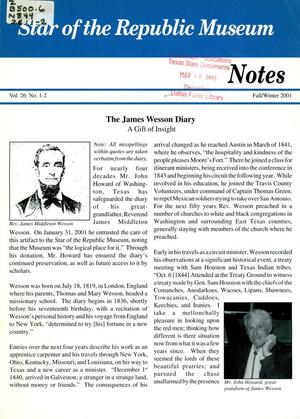 Star of the Republic Museum Notes, Volume 26, Number 1-2, Fall/Winter 2001