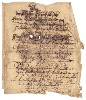 Primary view of object titled '[Marriage announcement for Ludwig Huth and Dorothea Breithauptin, August 18, 1778]'.