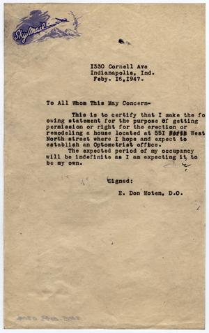 [Letter from E. Don Moten to Whom It May Concern, on February 16, 1947]