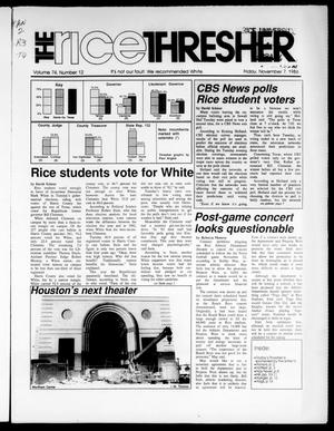 Primary view of The Rice Thresher (Houston, Tex.), Vol. 74, No. 12, Ed. 1 Friday, November 7, 1986