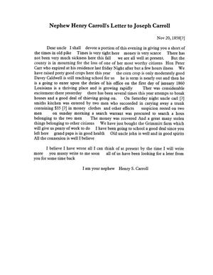 [Transcript of letter from Henry S. Carroll to Joseph A. Carroll, November 20, 1859]