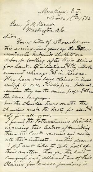 [Letter from I. G. Vore to J. W. Denver, November 16, 1882]