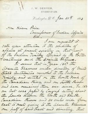 [Letter from J. W. Denver to Hiram Price, January 30, 1883]