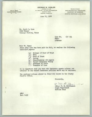 [Letter from Mrs. P. M. Williamson to Cecil Ryan, June 27, 1956]