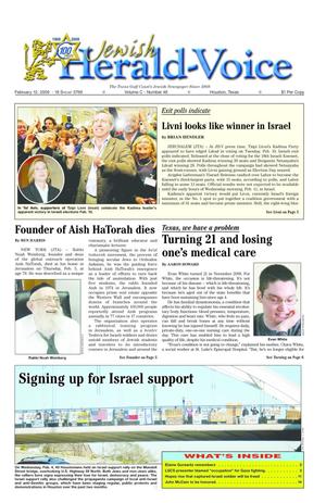 Primary view of Jewish Herald-Voice (Houston, Tex.), Vol. 100, No. 48, Ed. 1 Thursday, February 12, 2009