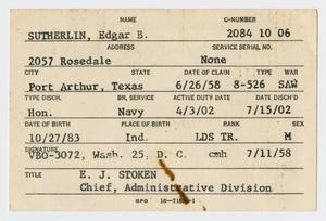 [Edgar B. Sutherlin's Veterans' Administration Card]