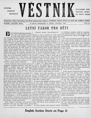Primary view of Věstník (West, Tex.), Vol. 43, No. 35, Ed. 1 Wednesday, August 31, 1955