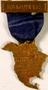 Physical Object: [Gold pin with blue ribbon extends downward with a gold outline of th…