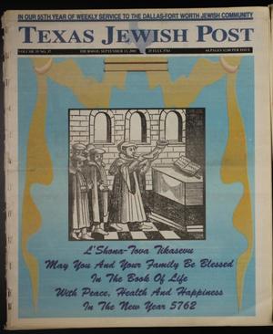 Primary view of Texas Jewish Post (Fort Worth, Tex.), Vol. 55, No. 37, Ed. 1 Thursday, September 13, 2001