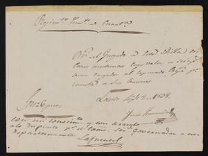 Primary view of [Receipt from Juan Fernandez to Comandante Lafuente, September 8, 1838]
