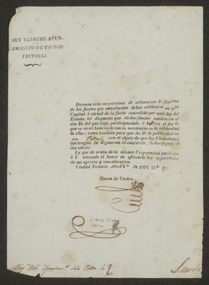Primary view of [Letter from Simon de Castro to the Laredo Ayuntamiento, April 1, 1834]