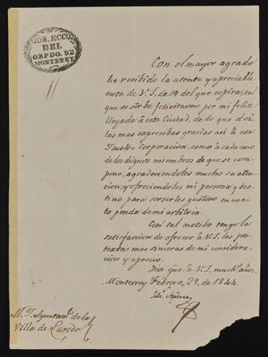 Primary view of [Letter from Salvador Apodaca to the Laredo Ayuntamiento, February 29, 1844]