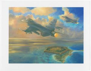 Primary view of object titled '[Art of Fighter Jet Flying Over an Island]'.